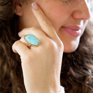 Blue Turquoise Golden Statement Ring detail view by Barse Jewelry