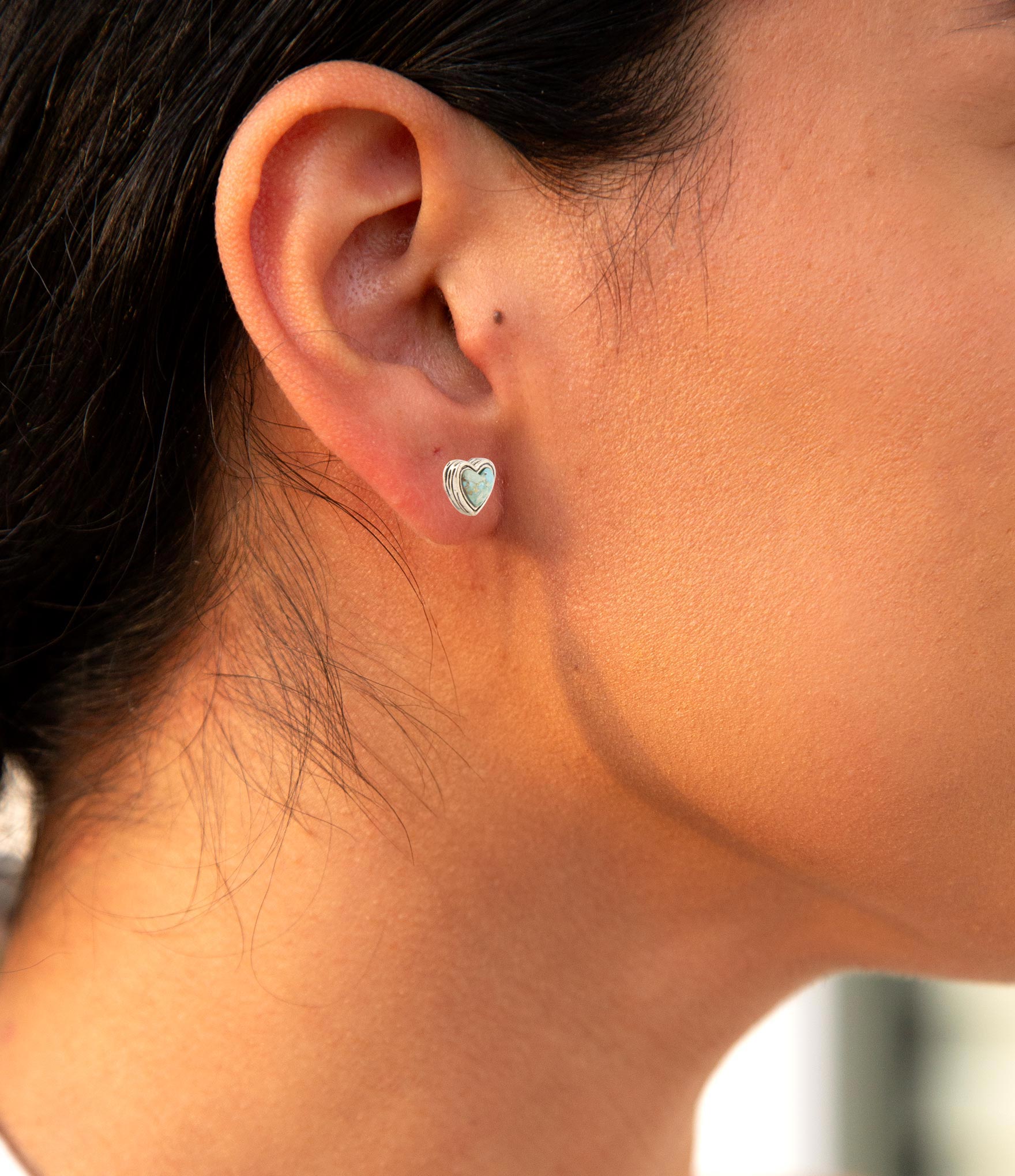 Heart Blue Turquoise Golden Stud Earrings detail view by Barse Jewelry