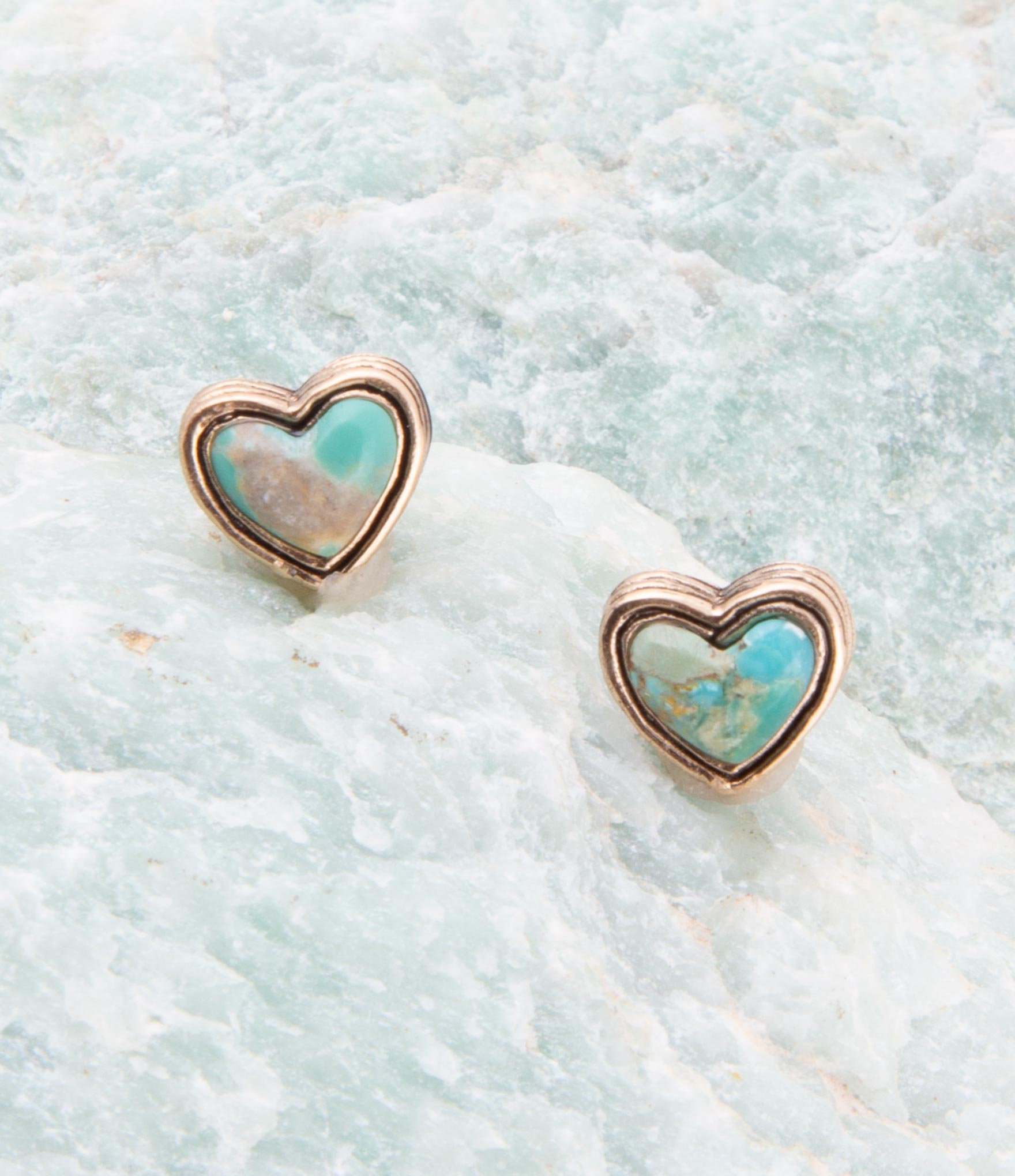Heart Blue Turquoise Golden Stud Earrings detail view by Barse Jewelry