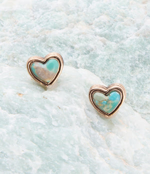 Heart Blue Turquoise Golden Stud Earrings detail view by Barse Jewelry