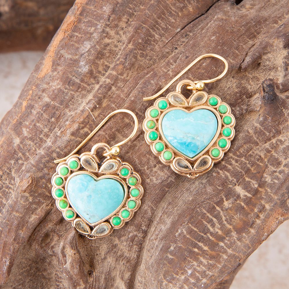 Legacy Heart Lime Green and Blue Turquoise Golden Drop Earrings detail view by Barse Jewelry