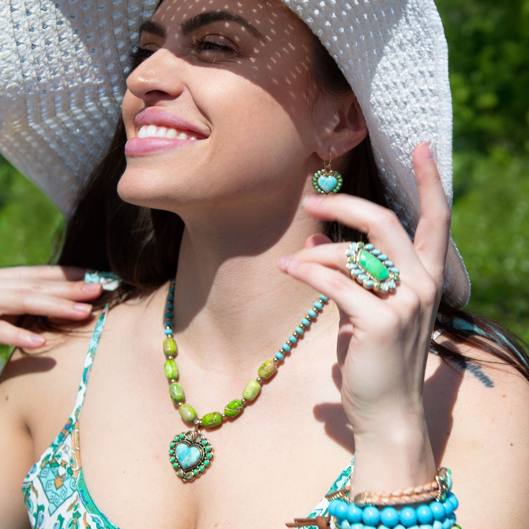 Legacy Heart Lime Green and Blue Turquoise Golden Drop Earrings detail view by Barse Jewelry
