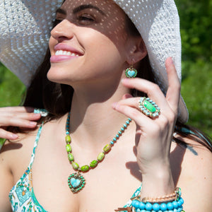 Legacy Heart Lime Green and Blue Turquoise Golden Drop Earrings detail view by Barse Jewelry