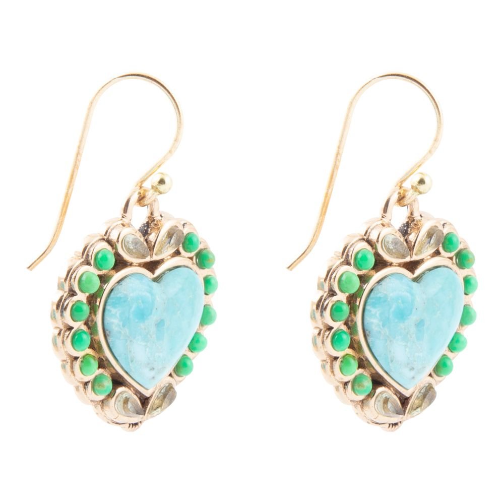 Legacy Heart Lime Green and Blue Turquoise Golden Drop Earrings detail view by Barse Jewelry