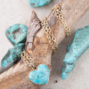 Blue Turquoise Heart Pendant Golden Necklace detail view by Barse Jewelry