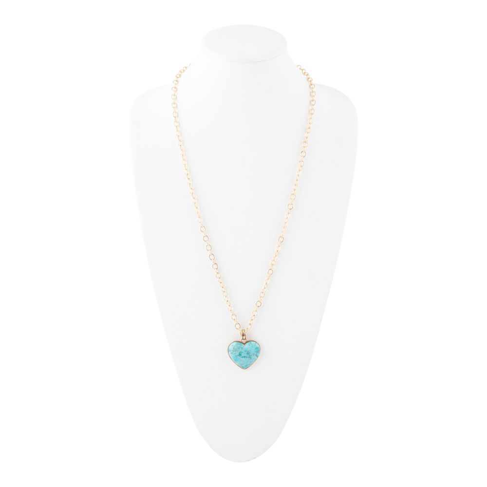 Blue Turquoise Heart Pendant Golden Necklace detail view by Barse Jewelry