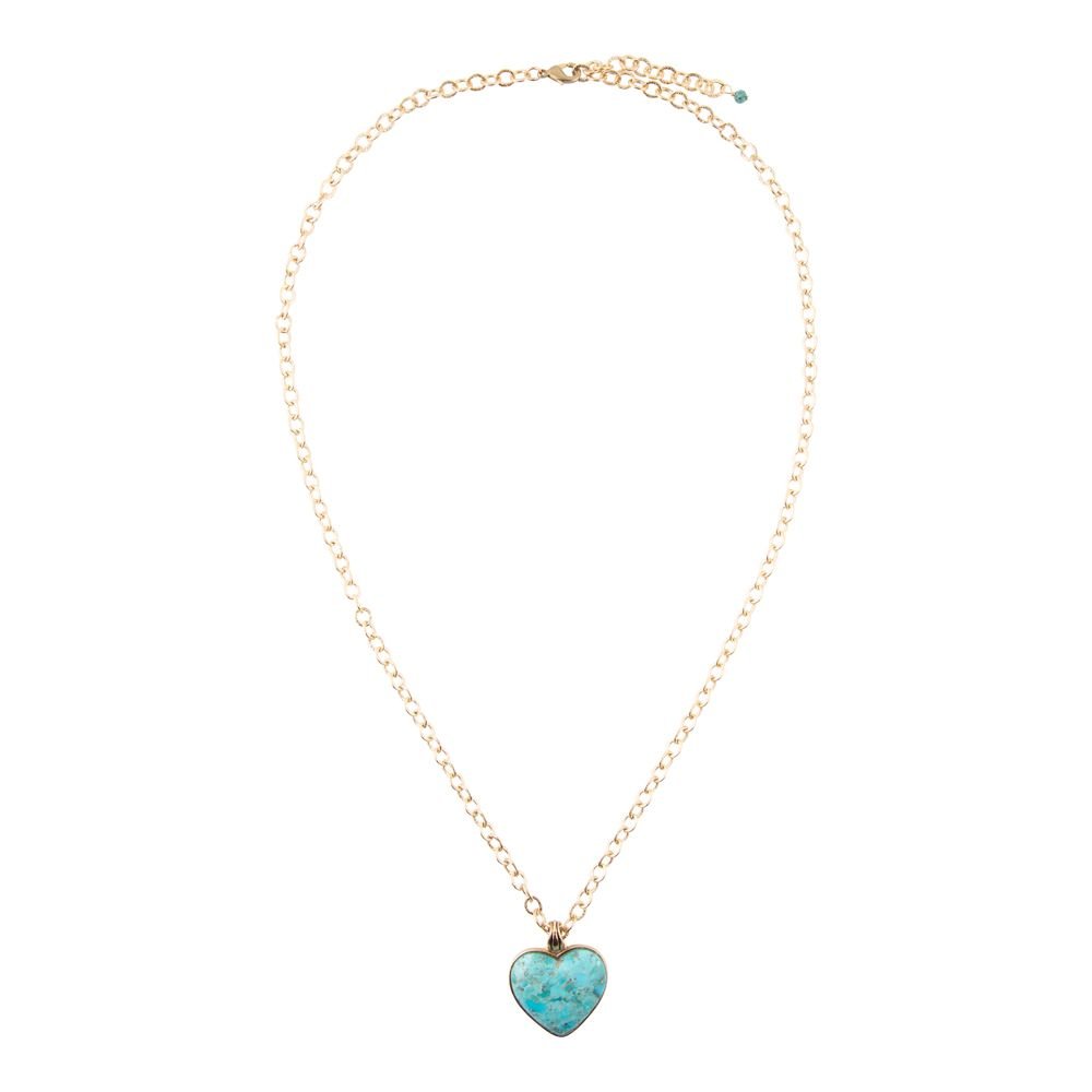 Blue Turquoise Heart Pendant Golden Necklace detail view by Barse Jewelry