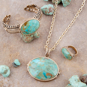 Blue Turquoise Long Golden Chain Necklace detail view by Barse Jewelry
