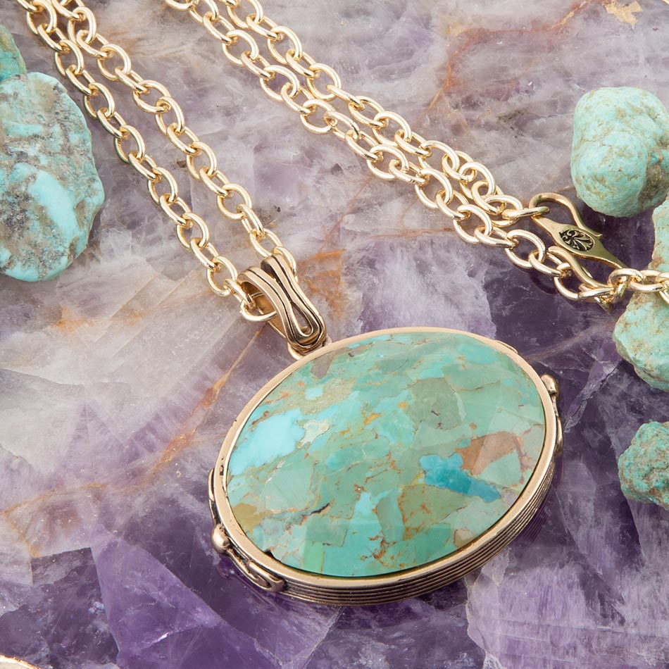 Blue Turquoise Long Golden Chain Necklace detail view by Barse Jewelry