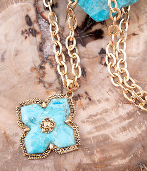 Blue Turquoise Maltese Cross Golden Pendant Necklace detail view by Barse Jewelry