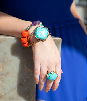 Blue Turquoise Rhombus Statement Cuff Bracelet detail view by Barse Jewelry