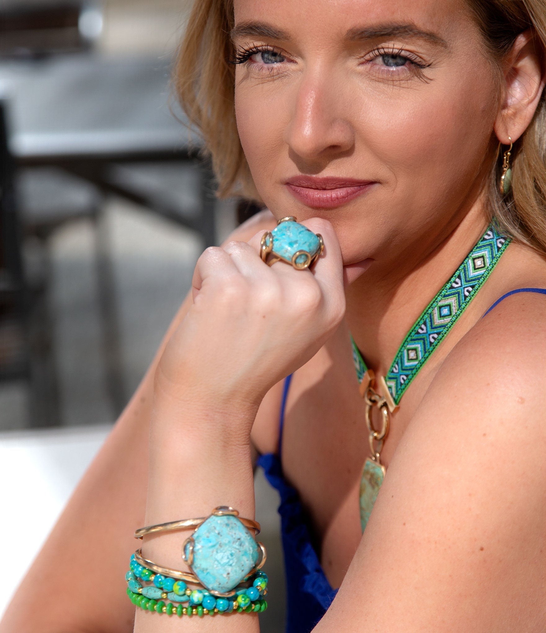 Blue Turquoise Rhombus Statement Cuff Bracelet detail view by Barse Jewelry