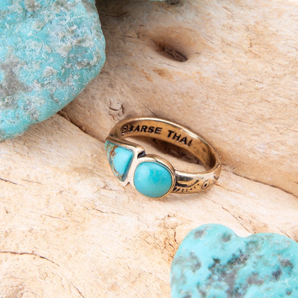 Blue Turquoise Shape Golden Bronze Ring detail view by Barse Jewelry
