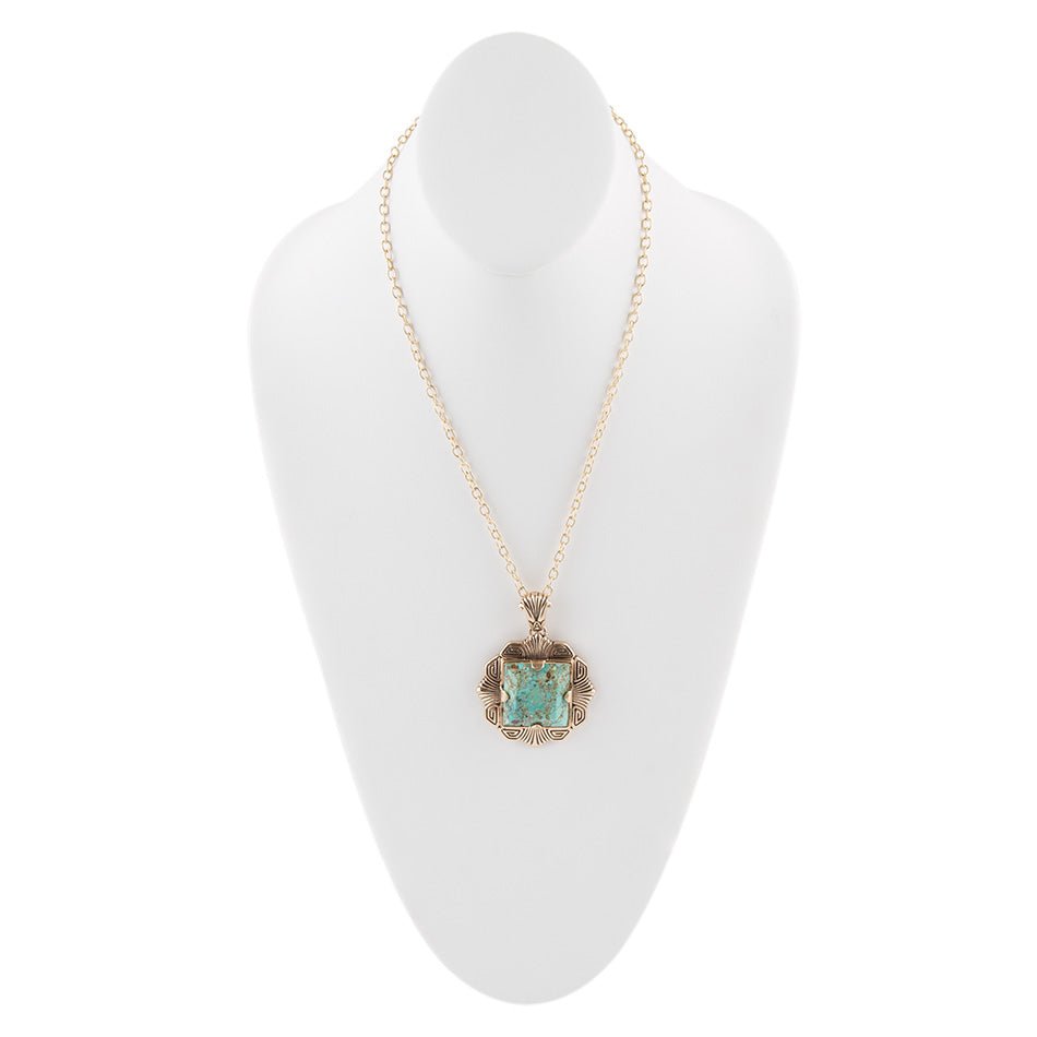 Blue Turquoise Square Golden Pendant Necklace detail view by Barse Jewelry