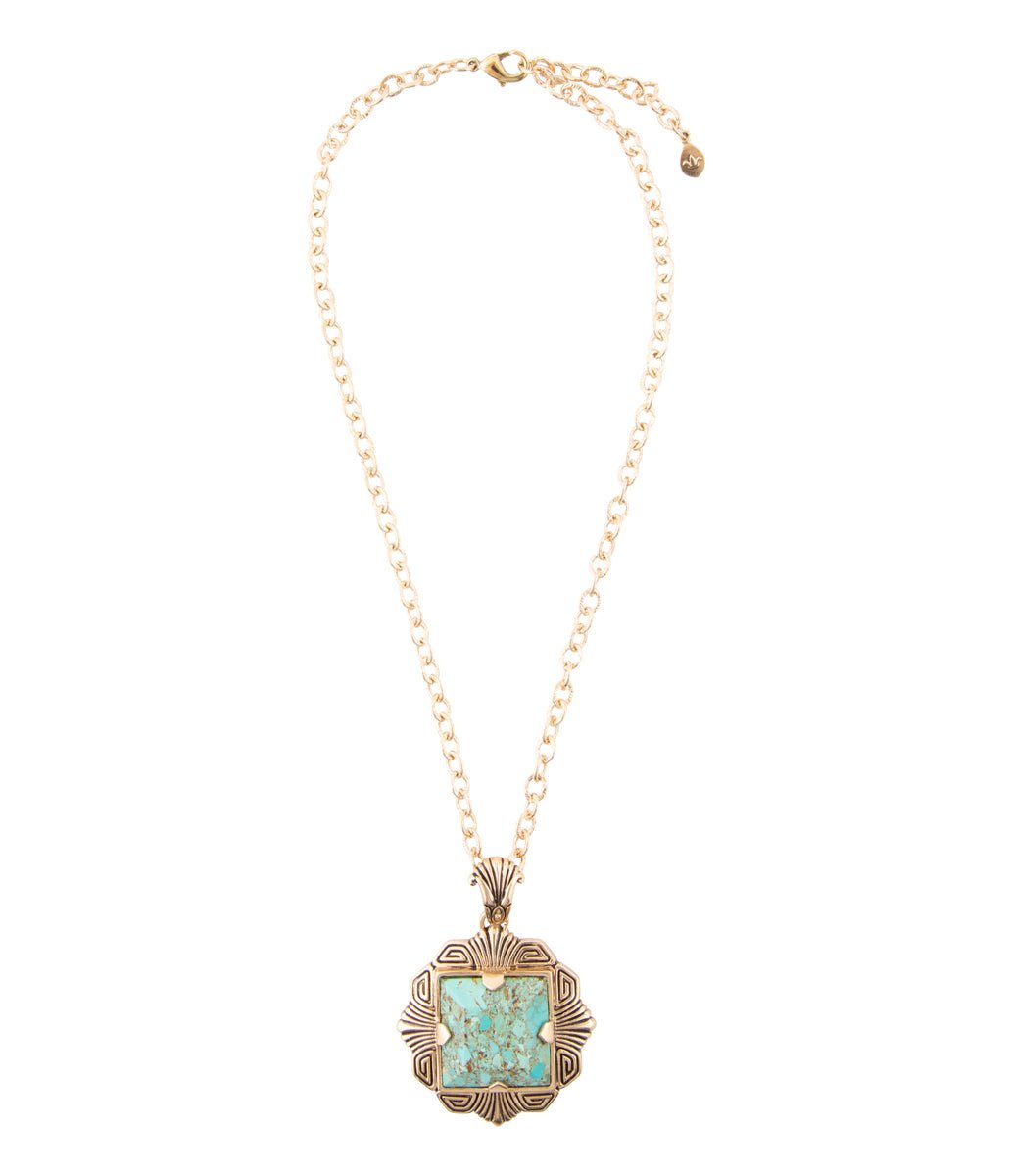 Blue Turquoise Square Golden Pendant Necklace detail view by Barse Jewelry
