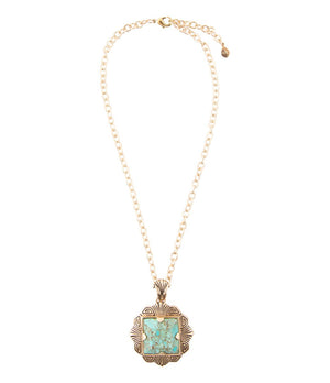 Blue Turquoise Square Golden Pendant Necklace detail view by Barse Jewelry