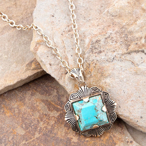 Blue Turquoise Square Golden Pendant Necklace detail view by Barse Jewelry