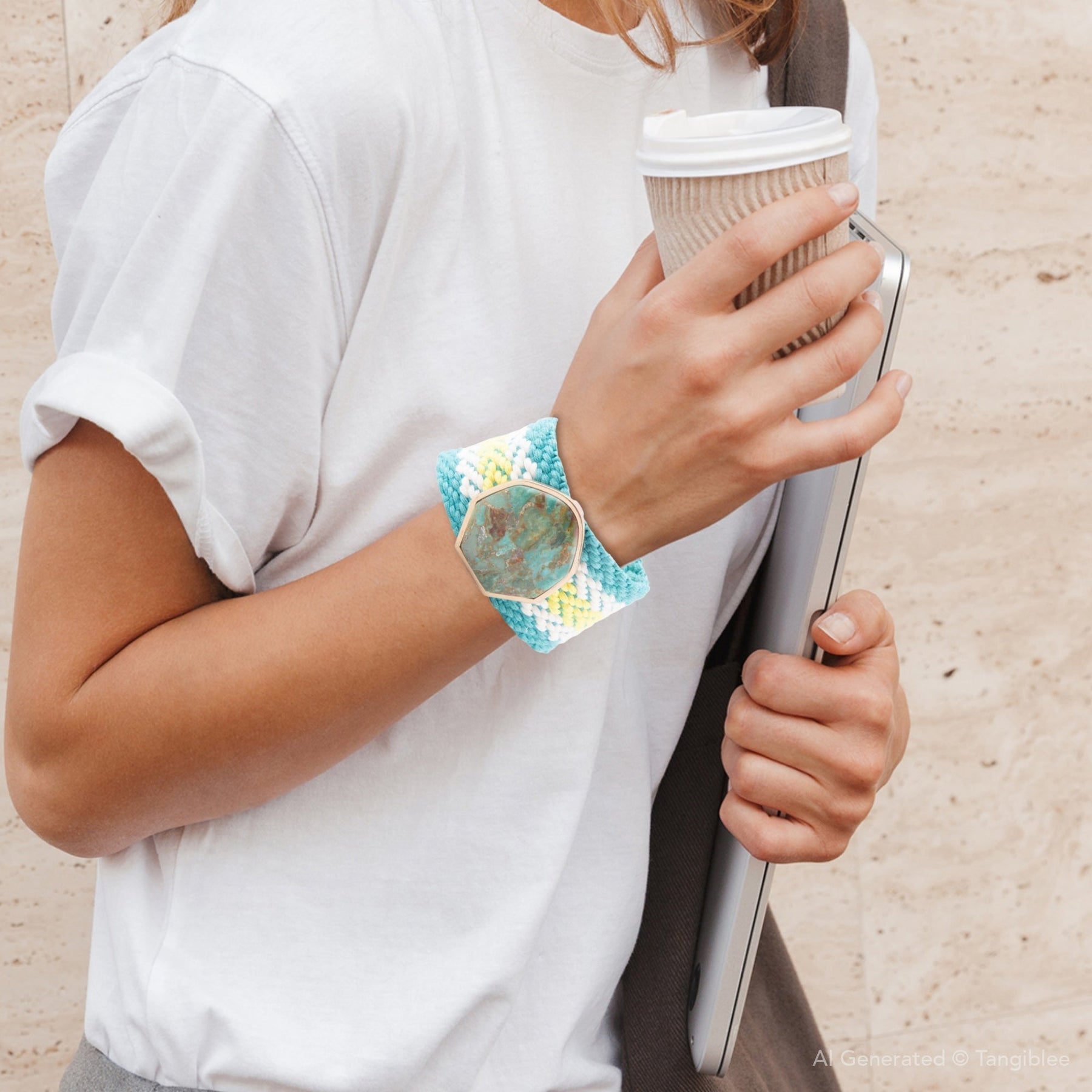 Blue Turquoise Textile Blues Woven Bracelet detail view by Barse Jewelry