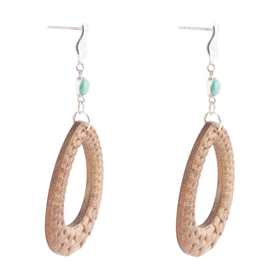 Blue Turquoise Top Carved Wood Sterling Silver Earrings detail view by Barse Jewelry