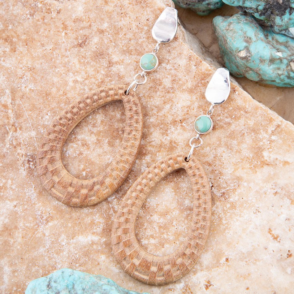 Blue Turquoise Top Carved Wood Sterling Silver Earrings detail view by Barse Jewelry