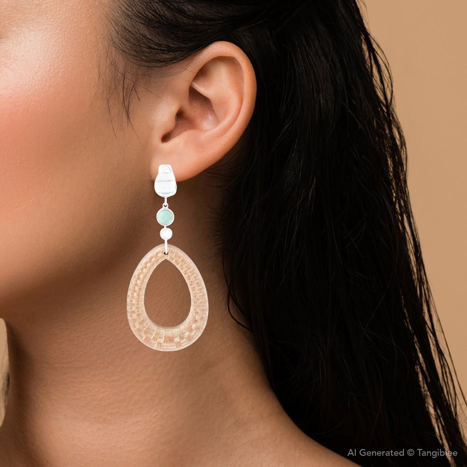 Blue Turquoise Top Carved Wood Sterling Silver Earrings detail view by Barse Jewelry