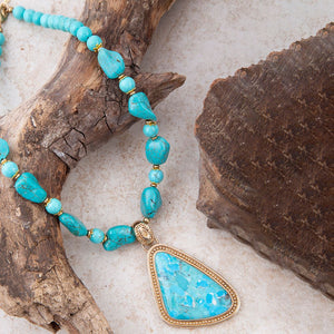 Blue Turquoise Triangle Golden Pendant Necklace detail view by Barse Jewelry