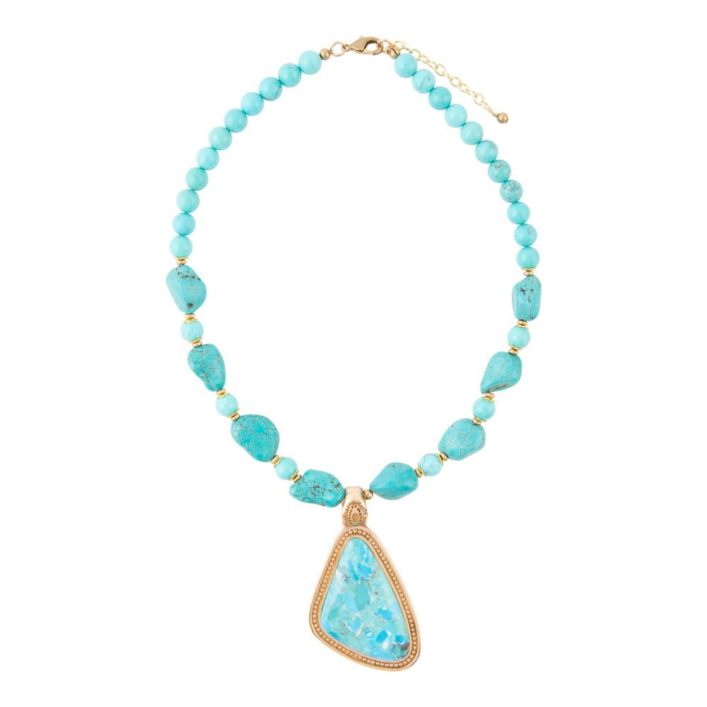 Blue Turquoise Triangle Golden Pendant Necklace detail view by Barse Jewelry