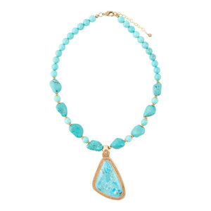 Blue Turquoise Triangle Golden Pendant Necklace detail view by Barse Jewelry