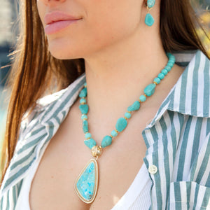Blue Turquoise Triangle Golden Pendant Necklace detail view by Barse Jewelry