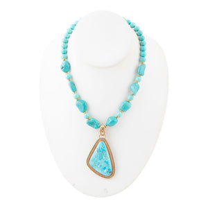 Blue Turquoise Triangle Golden Pendant Necklace detail view by Barse Jewelry