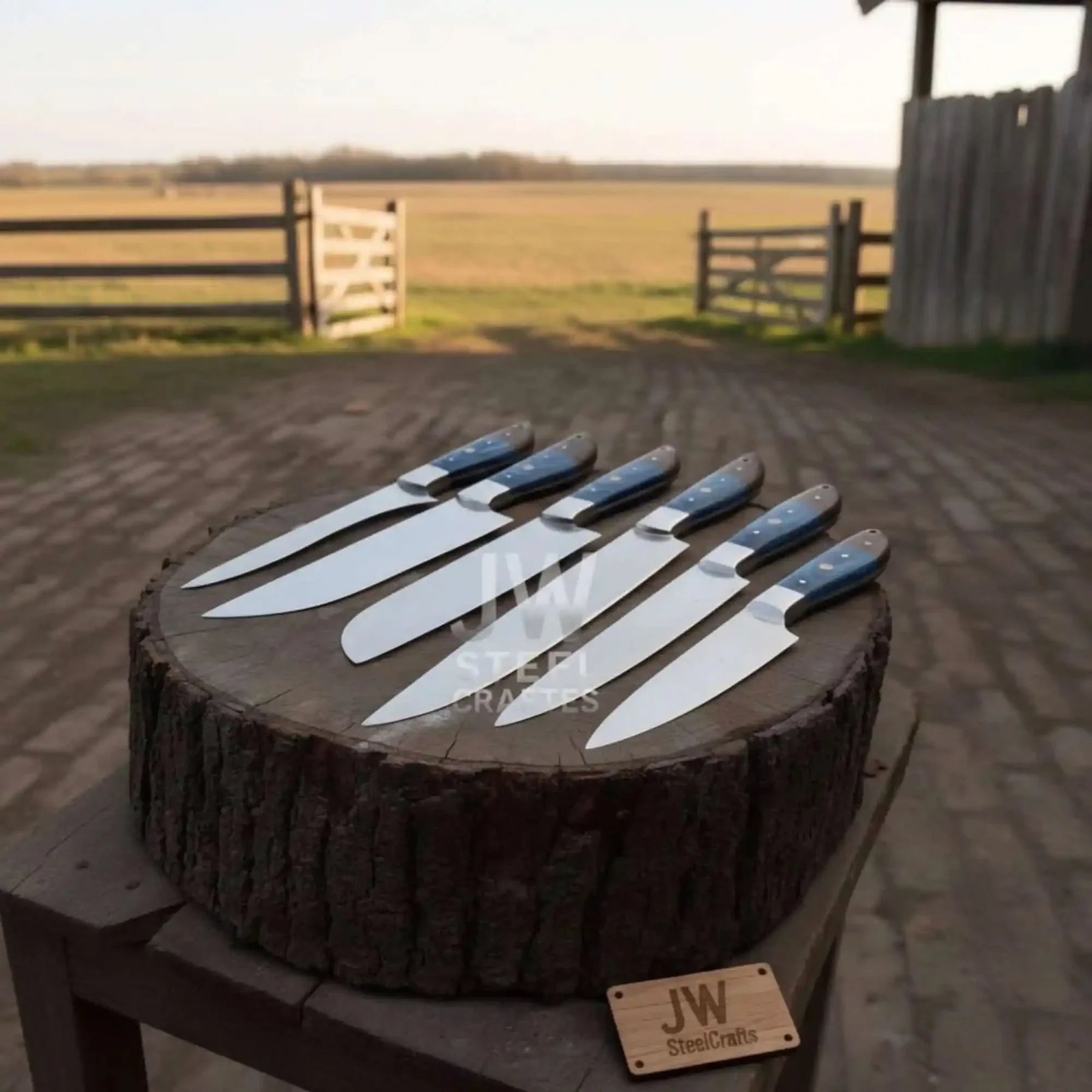 Blue Wood Damascus Chef Knife Set: 5-Piece Handmade Collection by JW SteelCrafts, Damascus knife main product photo