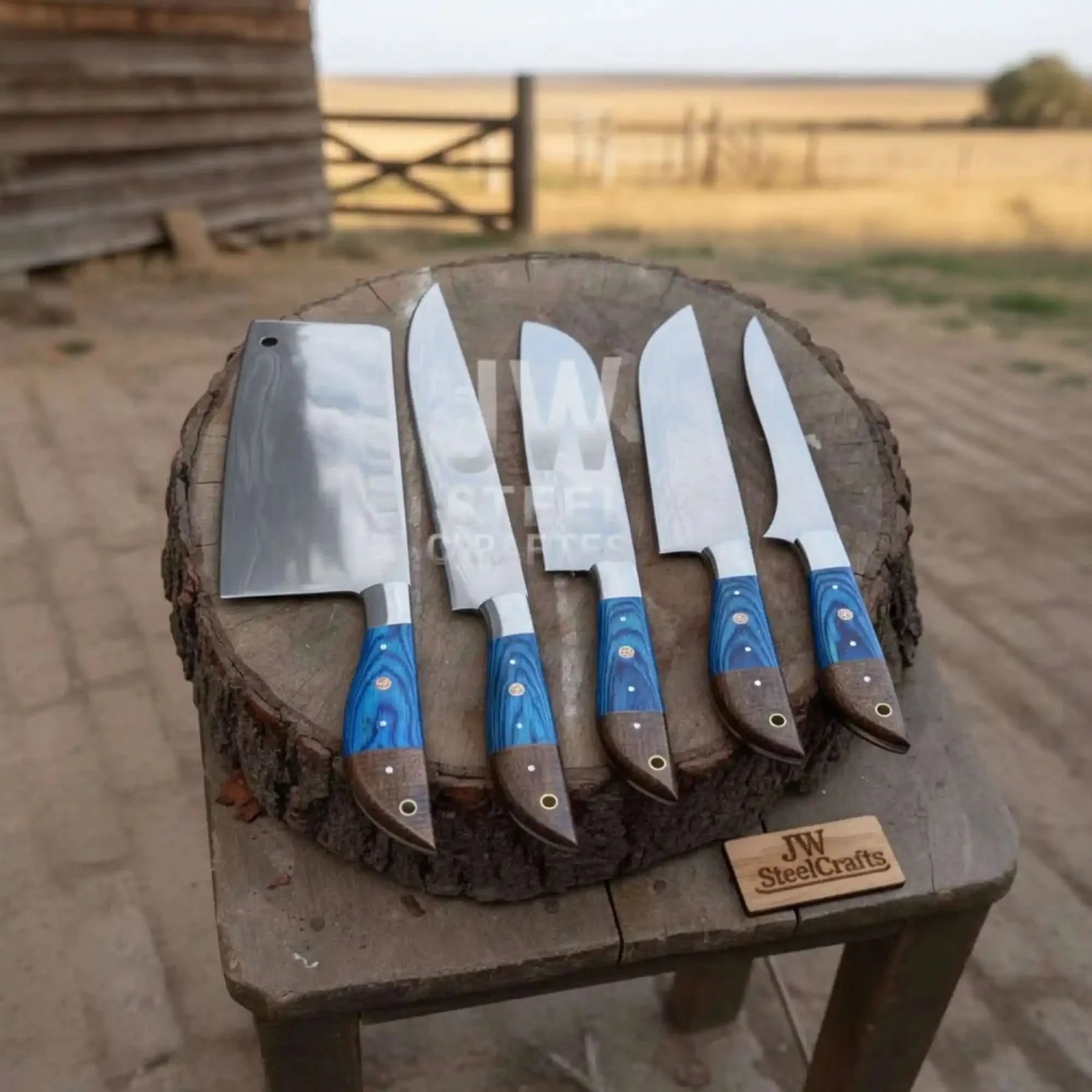 Blue Wood Damascus Chef Knife Set: 5-Piece Handmade Collection detail view by JW SteelCrafts