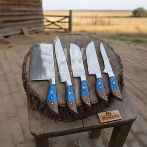 Blue Wood Damascus Chef Knife Set: 5-Piece Handmade Collection detail view by JW SteelCrafts
