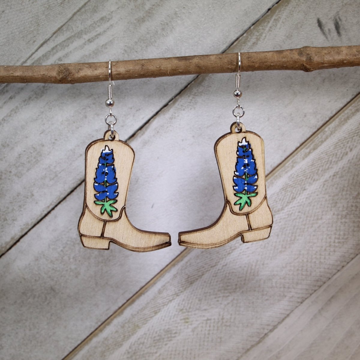 Bluebonnet Cowboy Boot Wooden Earrings | Texas Wildflower Jewelry by Cate's Concepts, LLC, handmade jewelry main product photo