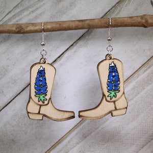 Bluebonnet Cowboy Boot Wooden Earrings | Texas Wildflower Jewelry detail view by Cate's Concepts, LLC