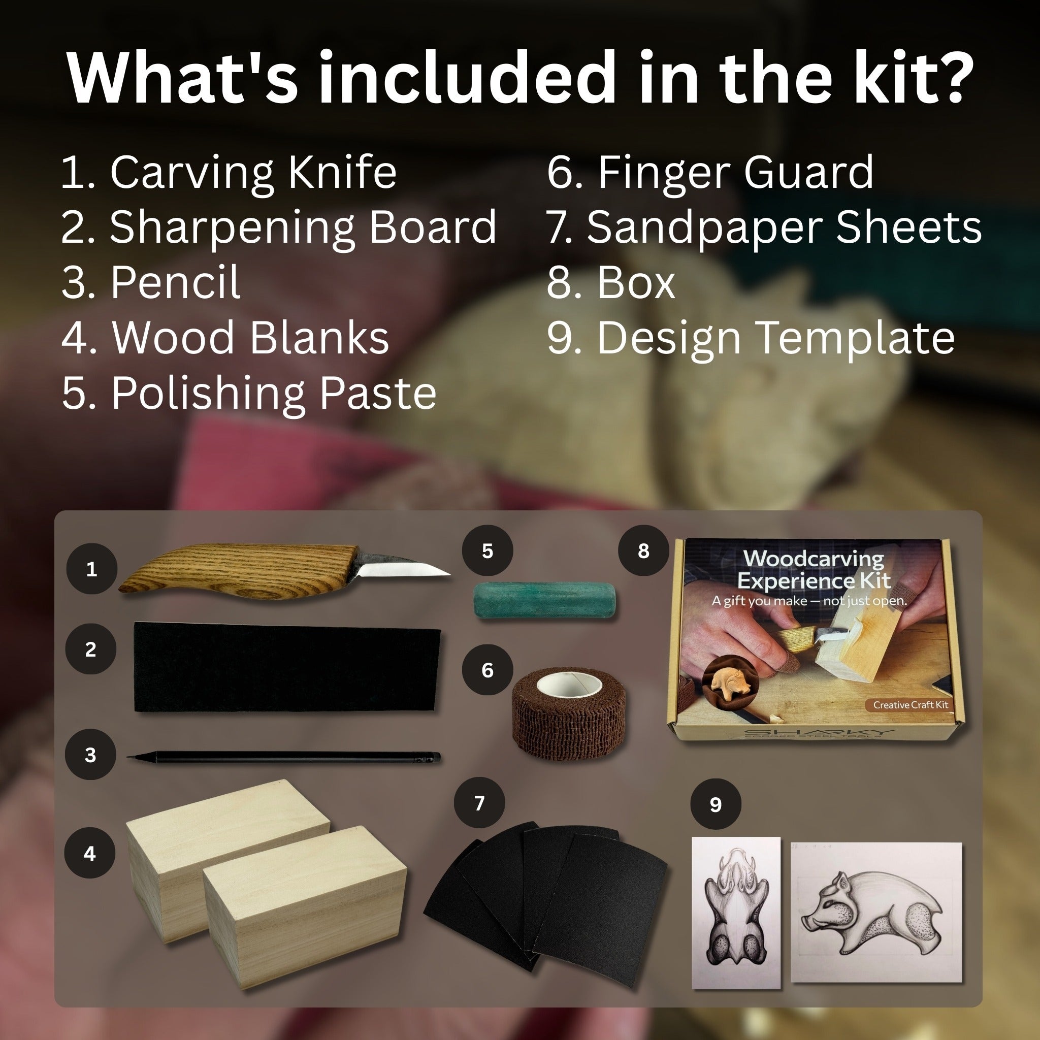 Boar Carving Kit - Complete Starter Whittling Kit for Beginners, Adults, Teens, and Kids detail view by Sharky Forged Steel