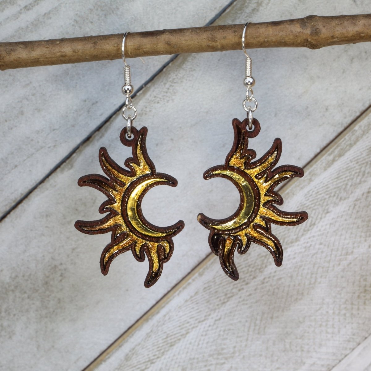 Sun Moon Wooden Earrings | Celestial Boho Jewelry