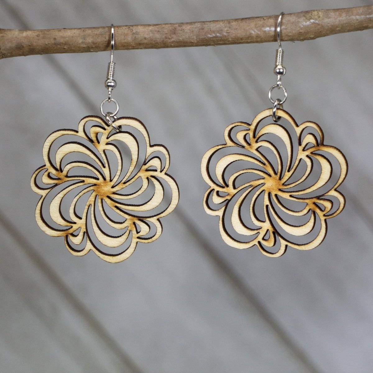 Swirl Flower Wooden Earrings | Boho Floral Cutout Jewelry by Cate's Concepts, LLC, handmade jewelry detail photo 2