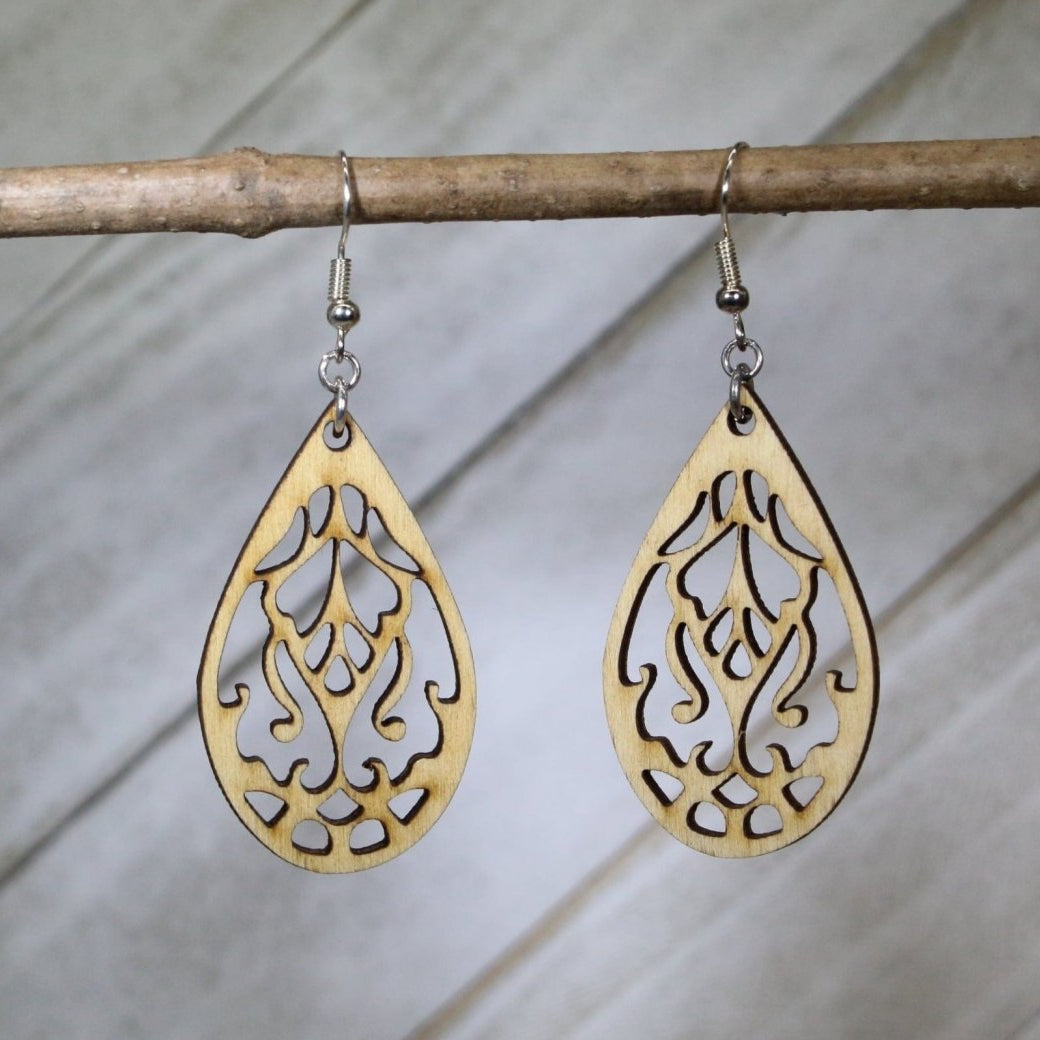 Filigree Teardrop Wooden Earrings | Boho Lace Cutout Jewelry by Cate's Concepts, LLC