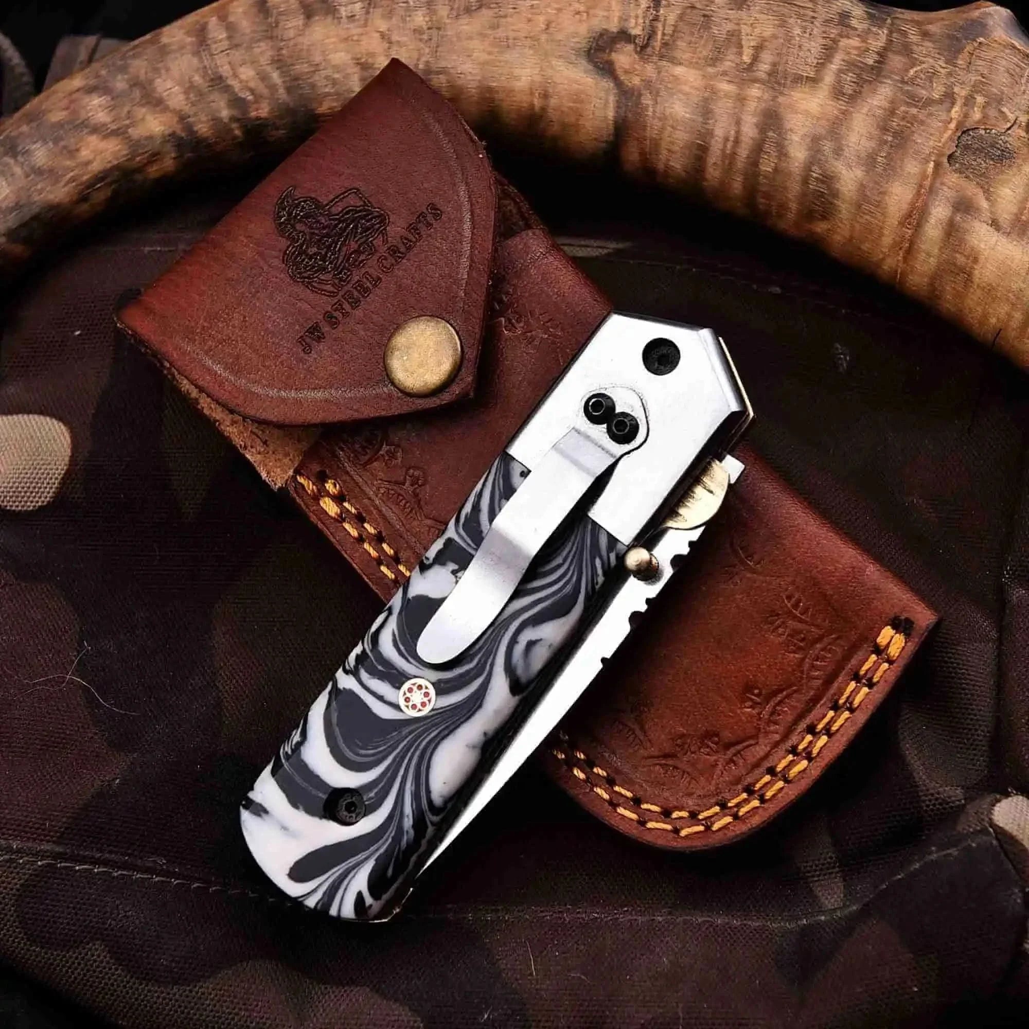 Handmade Folding Knife with Cleaver Blade and Marble Resin Handle by JW SteelCrafts, Damascus knife main product photo