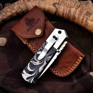 Handmade Folding Knife with Cleaver Blade and Marble Resin Handle by JW SteelCrafts, Damascus knife main product photo
