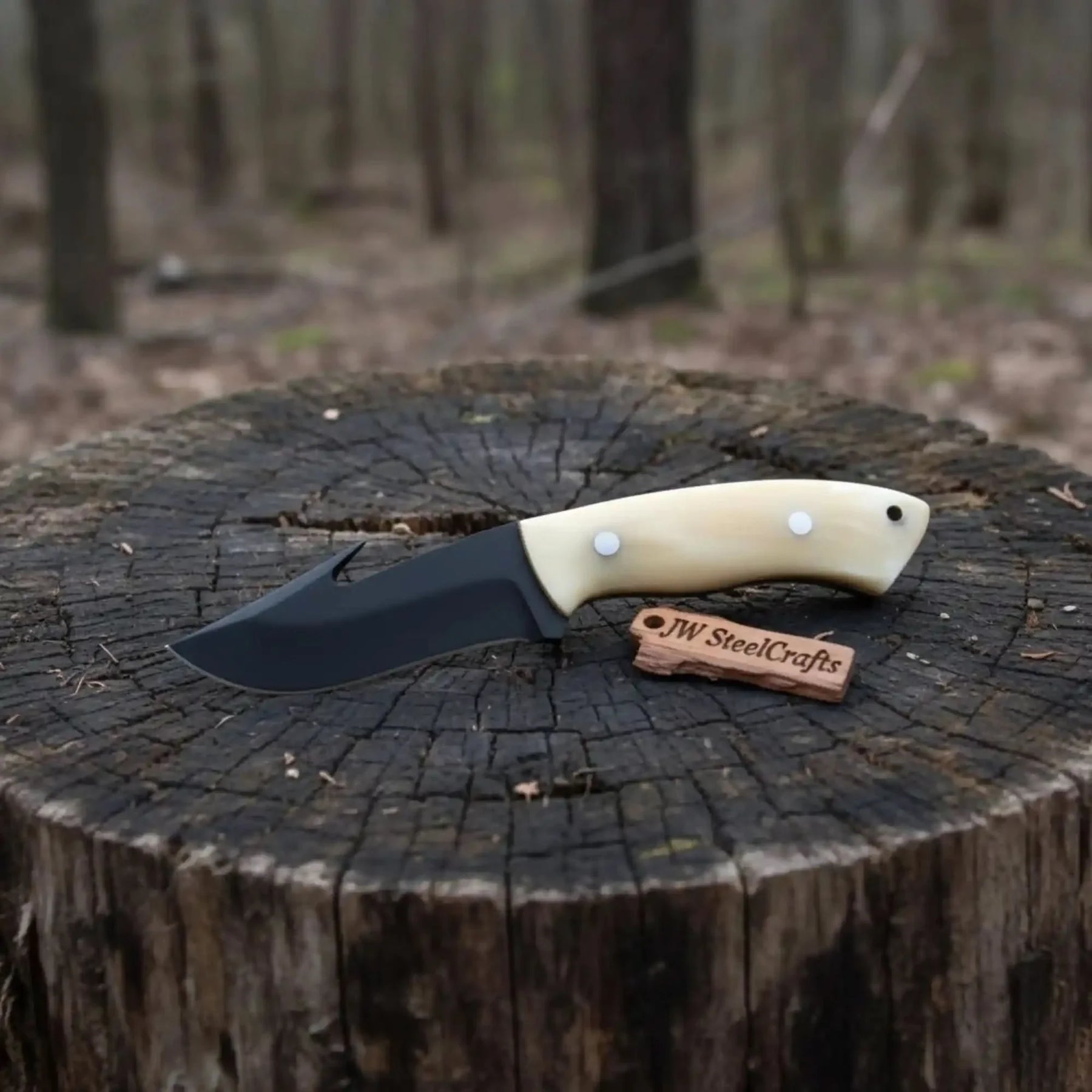 Gut Hook Skinner Knife Black Coated Blade Bone Handle 3.5 Inch Fixed Blade Hunting Knife by JW SteelCrafts, Damascus knife main product photo
