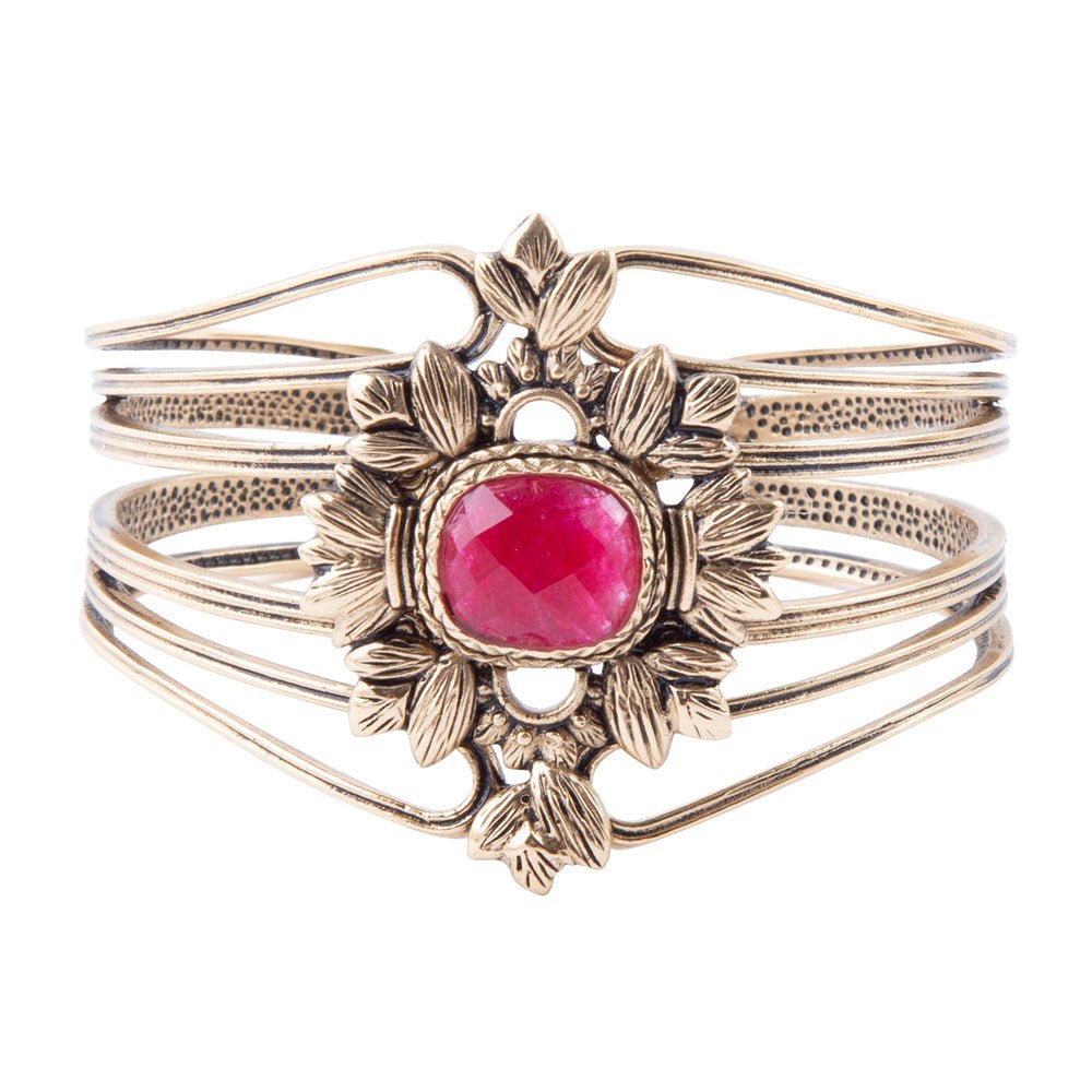 Bordeaux Quartz and Bronze Ornate Cuff Bracelet detail view by Barse Jewelry