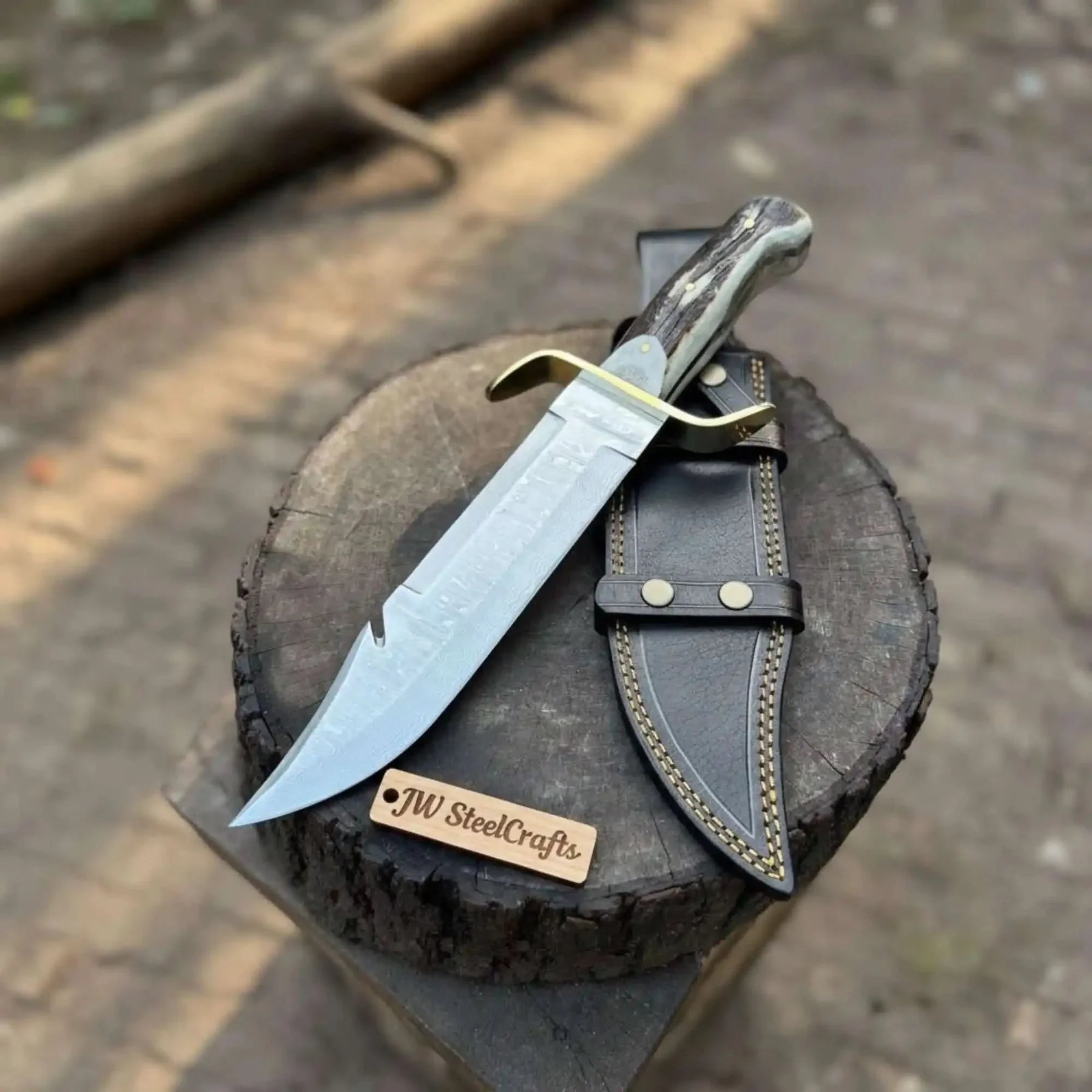 16-Inch Damascus Bowie Knife — 11-Inch Blade, Stag Handle, Brass S-Guard & Leather Belt Sheath by JW SteelCrafts, leather knife sheath main product photo