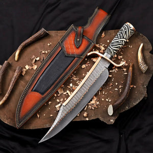 Copper Damascus Alamo Bowie Knife Handmade 12-Inch Musso-Style Collector Blade by JW SteelCrafts, Damascus knife main product photo