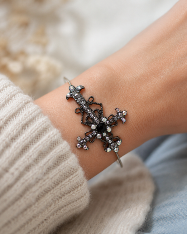Black Rhinestone Cross Guitar String Bracelet by N Harmony Jewelry, handmade jewelry main product photo
