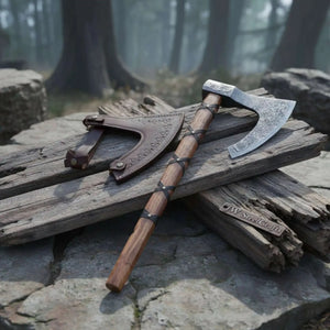 Handmade Damascus Skeggøx Bearded Axe with Leather Wrap and Sheath by JW SteelCrafts, leather knife sheath main product photo