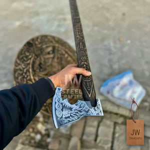 Handcrafted Viking Shield and Engraved Axe Set with Raven Motif and Norse Knotwork by JW SteelCrafts, handmade axe detail photo 2