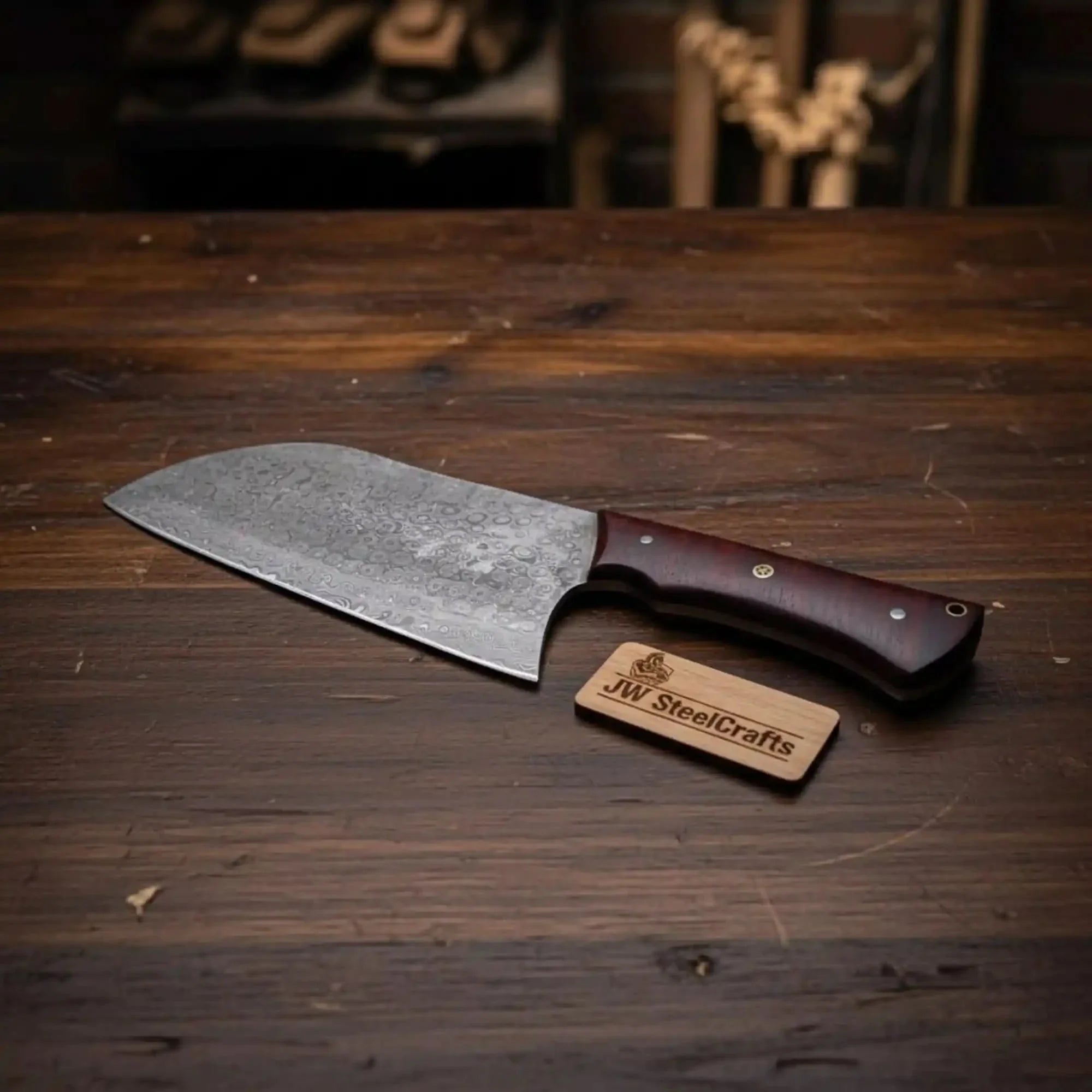 6-Inch blade Kitchen Knife Cleaver — Textured Damascus Blade with Rosewood Handle (11-Inch Overall, Hand-Forged) by JW SteelCrafts, Damascus knife main product photo