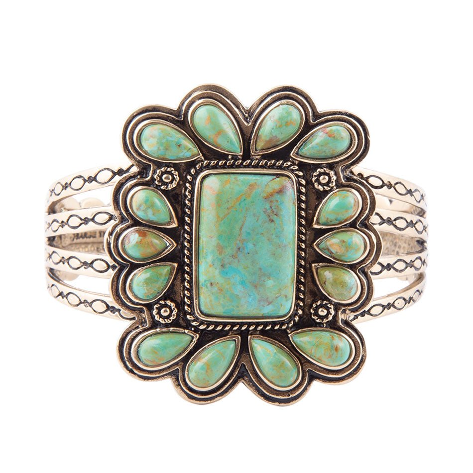 Blue Turquoise Golden Statement Cuff Bracelet detail view by Barse Jewelry